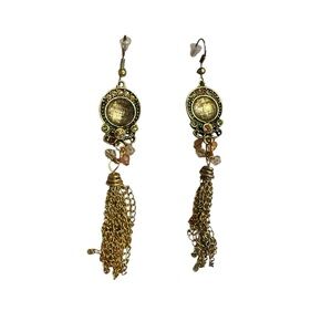 Vintage Boho Tassel Dangle Earrings Gold Tone Beaded Gypsy Festival Jewelry